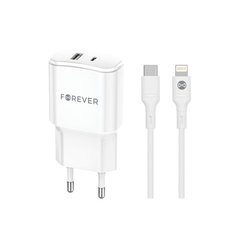 Forever ładowarka sieciowa PD QC TC-01-20AC 1x USB-C 1x USB 20W biała + kabel USB-C - Lightning 20W