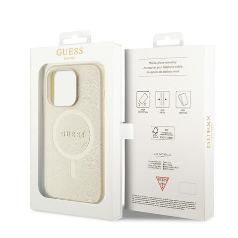 Guess nakładka do iPhone 15 Pro Max 6.7" GUHMP15XPSAHMCB złoty hardcase Saffiano MagSafe