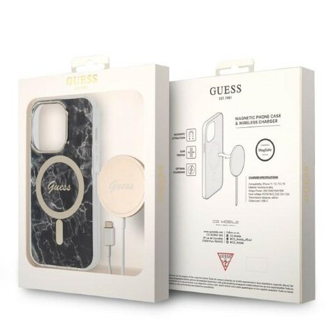 Guess zestaw nakładka + ładowarka do iPhone 14 Pro Max 6,7" GUBPP14XHMEACSK czarny hard case Marble MagSafe
