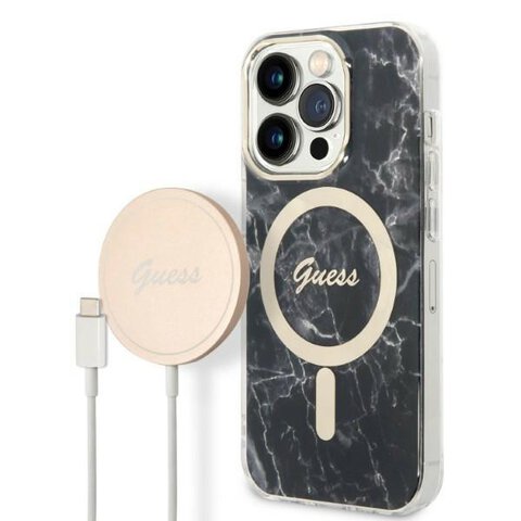 Guess zestaw nakładka + ładowarka do iPhone 14 Pro Max 6,7" GUBPP14XHMEACSK czarny hard case Marble MagSafe