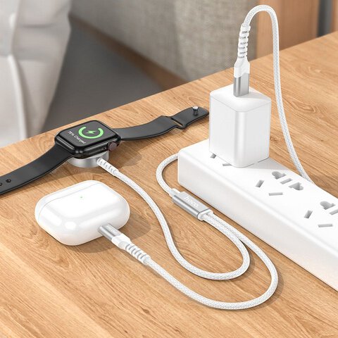 HOCO adowarka indukcyjna 2w1 Typ C do Apple Watch + kabel adowania Lightning PD QC 3A CW54 1,2 m biaa