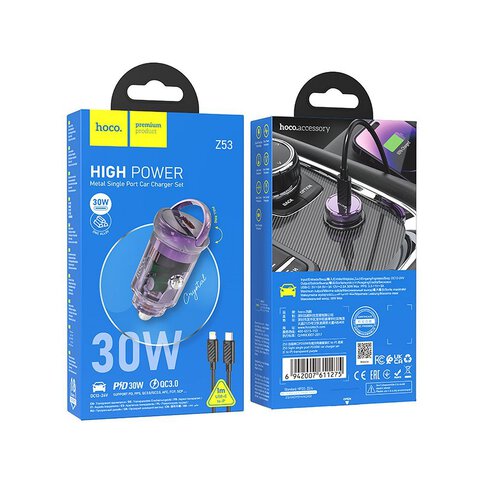 HOCO adowarka samochodowa Typ C + kabel Typ C do Lightning PD QC3.0 30W Z53 fioletowa
