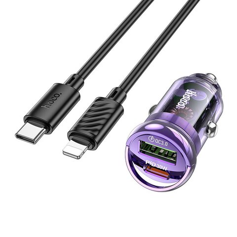 HOCO adowarka samochodowa USB A + Typ C + kabel Typ C do Lightning PD QC3.0 3A 30W Z53A fioletowa