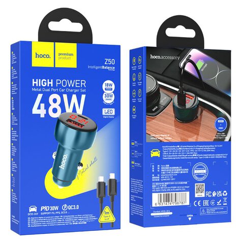 HOCO adowarka samochodowa USB A + Typ C z wywietlaczem + kabel Typ C do Lightning PD QC3.0 3A 48W Z50 niebieska
