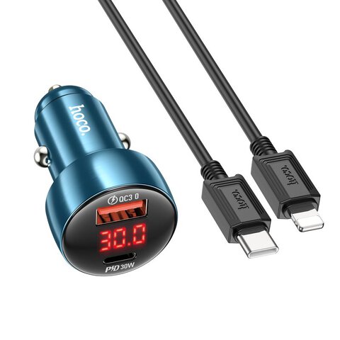 HOCO adowarka samochodowa USB A + Typ C z wywietlaczem + kabel Typ C do Lightning PD QC3.0 3A 48W Z50 niebieska
