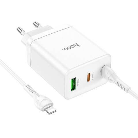 HOCO adowarka sieciowa 2 x Typ C + USB A + kabel Typ C do Lightning PD QC3.0 3A 35W N33 biaa
