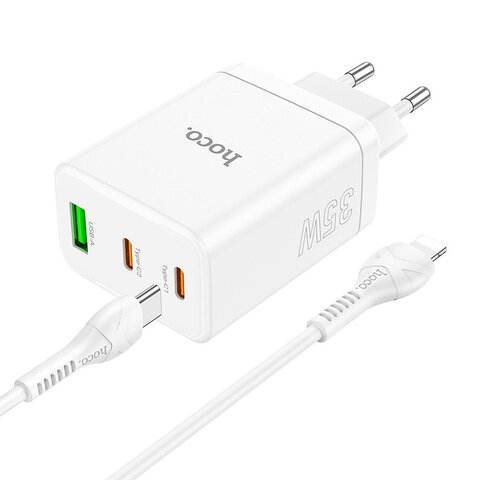 HOCO adowarka sieciowa 2 x Typ C + USB A + kabel Typ C do Lightning PD QC3.0 3A 35W N33 biaa