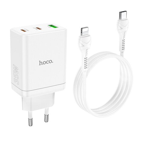 HOCO adowarka sieciowa 2 x Typ C + USB A + kabel Typ C do Lightning PD QC3.0 3A 35W N33 biaa