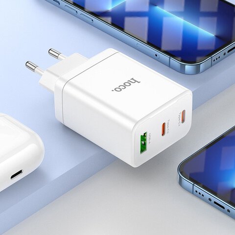 HOCO adowarka sieciowa 2 x Typ C + USB A + kabel Typ C do Lightning PD QC3.0 3A 35W N33 biaa