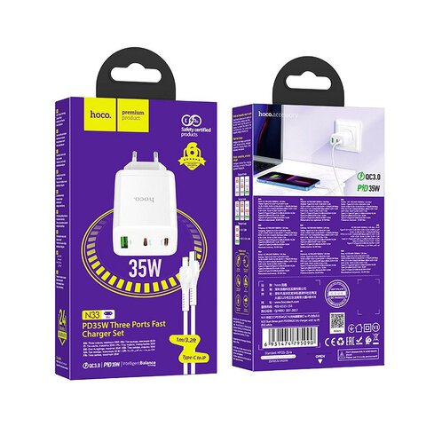 HOCO adowarka sieciowa 2 x Typ C + USB A + kabel Typ C do Lightning PD QC3.0 3A 35W N33 biaa