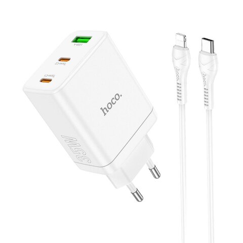 HOCO adowarka sieciowa 2 x Typ C + USB A + kabel Typ C do Lightning PD QC3.0 3A 35W N33 biaa