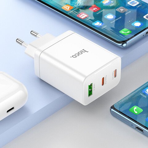 HOCO adowarka sieciowa 2 x Typ C + USB A + kabel Typ C do Typ C PD QC3.0 3A 35W N33 biaa