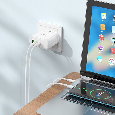 HOCO adowarka sieciowa 2 x Typ C + USB A QC PD 65W GaN N30 biaa