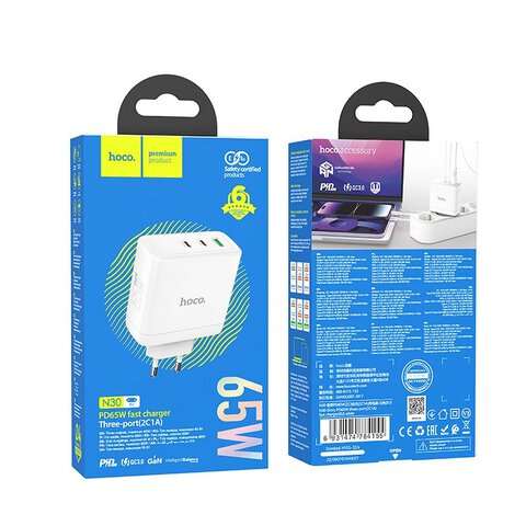 HOCO adowarka sieciowa 2 x Typ C + USB A QC PD 65W GaN N30 biaa