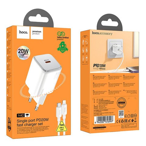 HOCO adowarka sieciowa Typ C + kabel Typ C do Lightning QC PD 20W N40 biaa