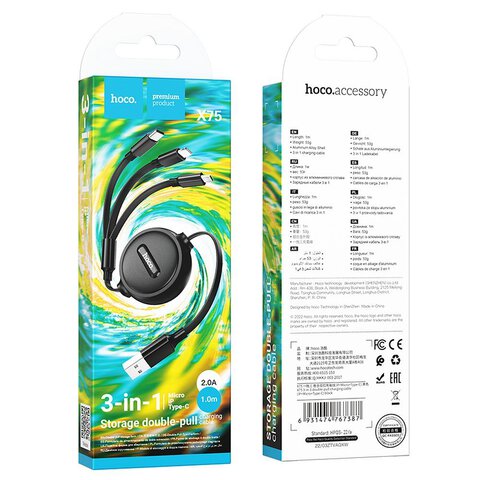 HOCO kabel 3w1 USB A do Lightning / Micro USB / Typ C 2A X75 1 m czarny
