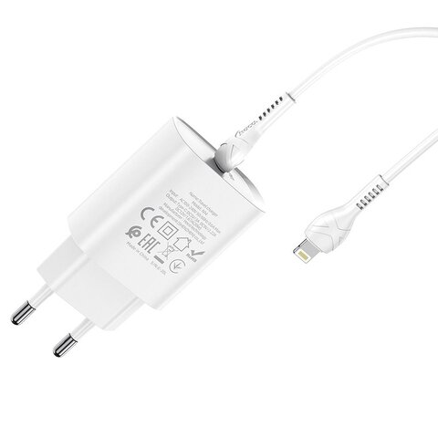 HOCO ładowarka sieciowa Typ C PD 20W Fast Charge Smart Charging z kablem do iPhone Lightning 8-pin N14 biała