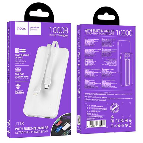 HOCO powerbank 10 000 mAh z wbudowanymi kablami Typ C + Lightning 2A J118 biay