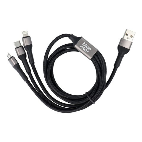 Kabel Blue Star z oplotem 3w1 ze zczami micro USB, USB C i Lightning 3A