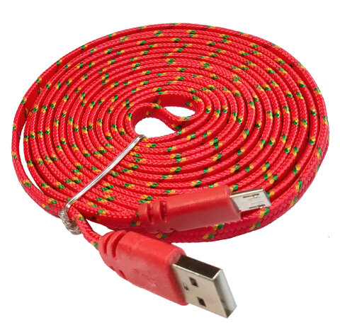 Kabel micro USB płaski, oplot nylonowy 3M - czerwony z wzorami żółtymi i zielonymi