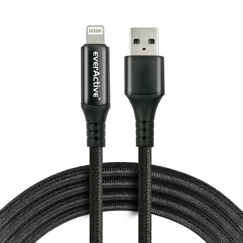 Kabel przewód pleciony USB - Lightning LCD everActive CBB-1IBL 100cm z obsługą szybkiego ładowania do 2,4A czarny