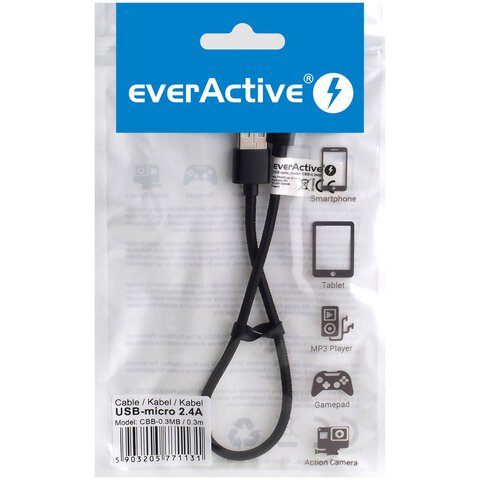 Kabel przewód pleciony USB - micro USB everActive CBB-0.3MB 30cm z obsługą szybkiego ładowania do 2,4A czarny