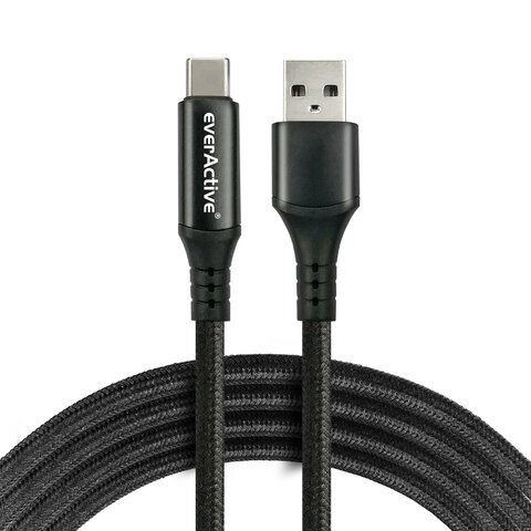 Kabel przewód pleciony USB - USB-C / Typ-C LCD everActive CBB-1CBL 100cm z obsługą szybkiego ładowania do 3A czarny