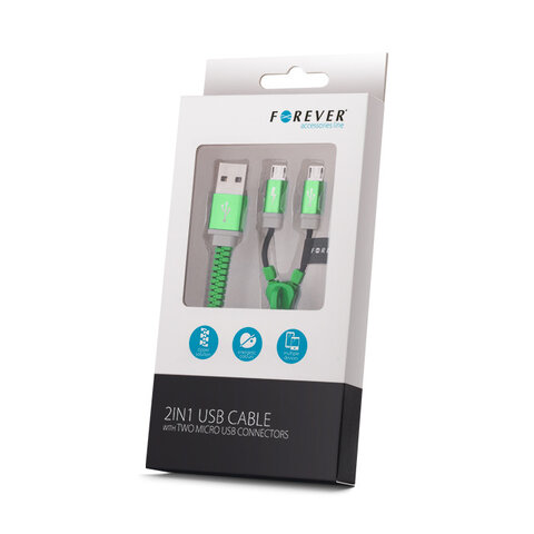 Kabel USB Forever zipper 2w1 2x microUSB zielony