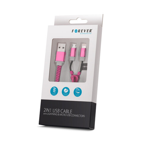 Kabel USB Forever zipper 2w1 microUSB + Apple Lighting 8pin różowy