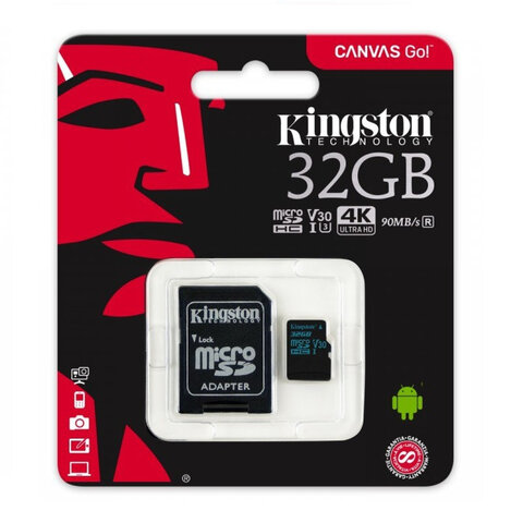 Kingston karta pamięci Canvas Go 32GB microSDHC 90R/45W U3 UHS-I V30 + adapter
