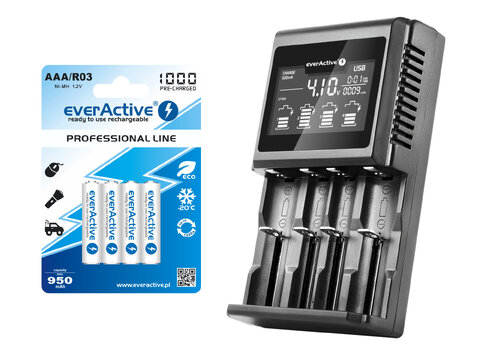 Ładowarka do akumulatorków cylindrycznych everActive UC-4000 + 4 akumulatory everActive R03 AAA Ni-MH 1000 mAh