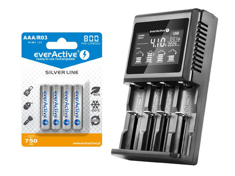 Ładowarka do akumulatorków cylindrycznych everActive UC-4000 + 4 akumulatory everActive R03 AAA Ni-MH 800 mAh