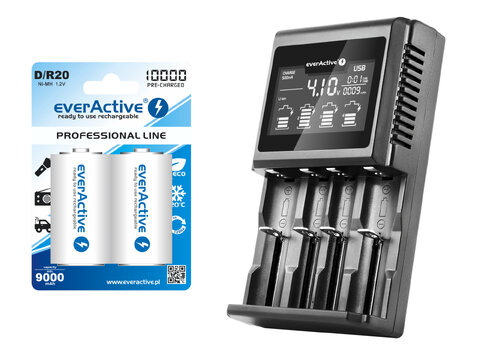 Ładowarka do akumulatorków cylindrycznych everActive UC-4000 + 2 akumulatory everActive R20 D Ni-MH 10000 mAh