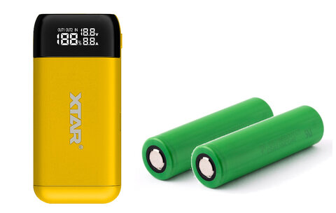 Ładowarka / power bank  Xtar PB2S żółty do akumulatorów cylindrycznych  +  2x akumulator 18650 2600 mAh Sony US18650VTC5