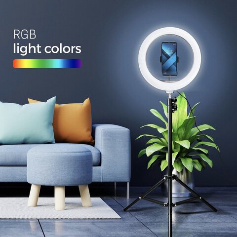 Lampa LED Ring Stream RGB pierścieniowa 12 cali FULL COLOR z uchwytem na telefon + statyw