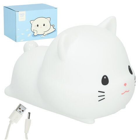 Lampka nocna dla dzieci silikonowa USB biała  kotek leżący