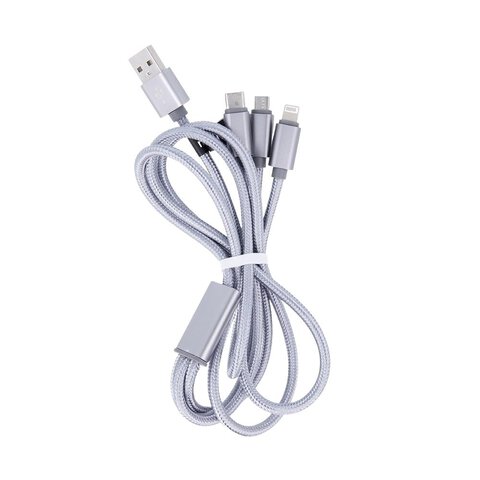 Maxlife kabel 3w1 USB - Lightning + USB-C + microUSB 2.1A szary Fast Charge nylonowy oplot