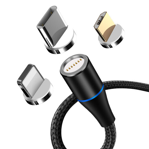 Maxlife kabel magnetyczny MXUC-03 USB - Lightning + USB-C + microUSB 1,0 m 3A czarny Fast Charge QC 3.0