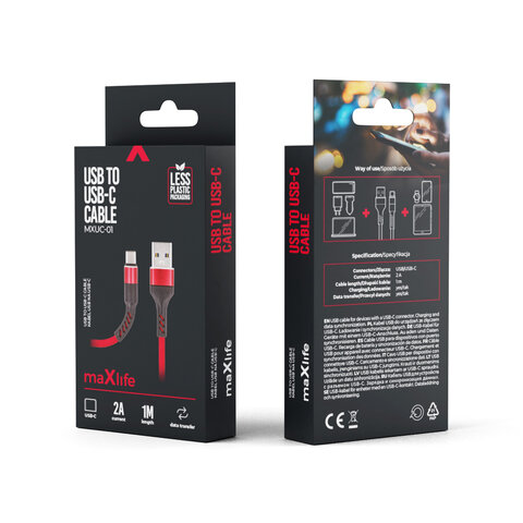 Maxlife kabel MXUC-01 USB - USB-C 1,0 m 2A czerwony nylonowy