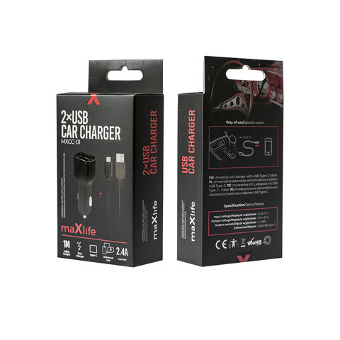 Maxlife ładowarka samochodowa MXCC-01 2x USB 2,4A czarna + kabel USB-C