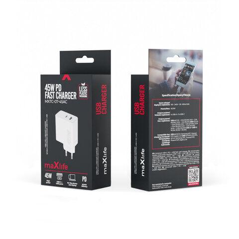 Maxlife ładowarka sieciowa PD QC MXTC-07-45AC 1x USB-C 1x USB 45W biała