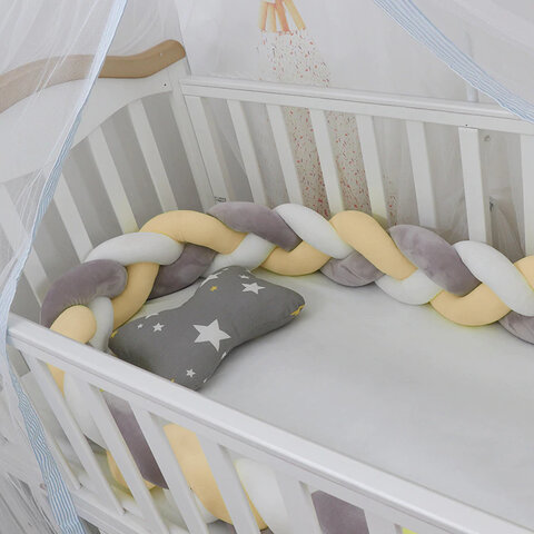 Ochraniacz do łóżeczka, otulacz, warkocz dla niemowląt 3-kolorowy 200 cm żółto szaro biały