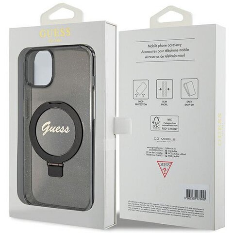 Oryginalne Etui GUESS Hardcase GUHMP15SHRSGSK do iPhone 15 (Magsafe / Glitter Script Logo / Ring stand / czarny)