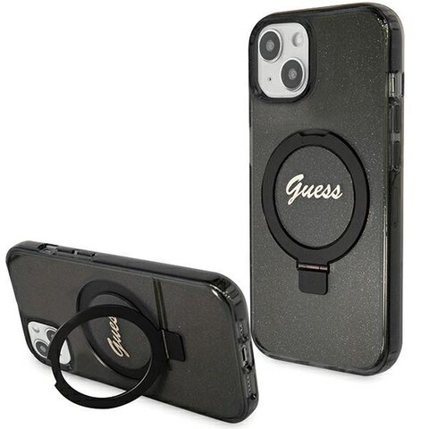 Oryginalne Etui GUESS Hardcase GUHMP15SHRSGSK do iPhone 15 (Magsafe / Glitter Script Logo / Ring stand / czarny)