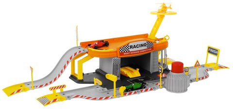 Zestaw Six-Six-Zero Parking dwupoziomowy, lądowisko, tor, garaż, helikopter i 2 pojazdy