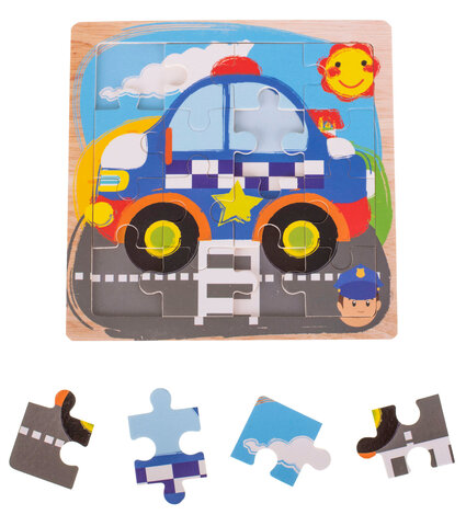 Puzzle drewniane 16 elementów, 15 cm x 15 cm - policja