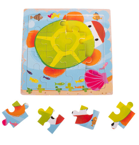Puzzle drewniane 16 elementów, 15 cm x 15 cm - żółw