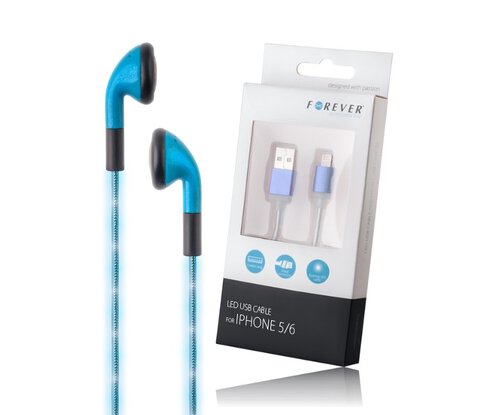 Świecący kabel USB + słuchawki LED do iPhone 5 / 6 zestaw niebieski