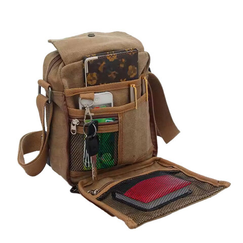 Torba listonoszka płócienna na ramię w stylu vintage męska mała 23 cm coffee