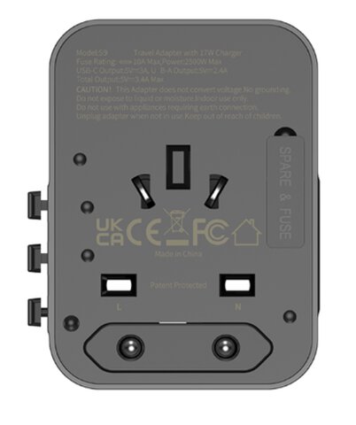 Uniwersalny adapter podróżny JELLICO S9 PD 2xUSB-C + 1xUSB 3.4A Max 2500W Czarny